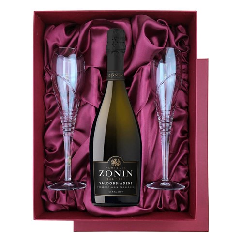 Zonin Valdobbiadene DOCG Millesimato Extra Dry 75cl in Red Luxury Presentation Set With Flutes